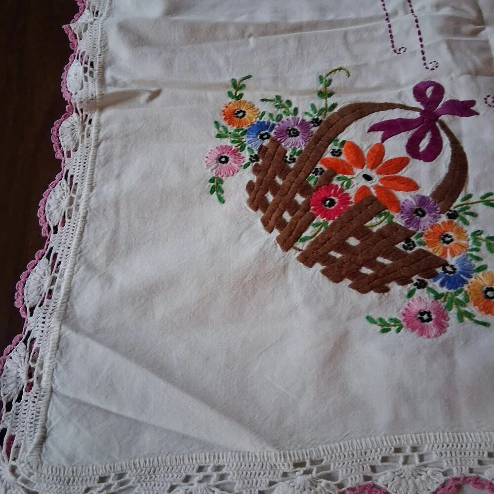 Vintage 1950s Hand Embroidered Easter Basket Tablecloth 72x53 w/ Crochet Trim